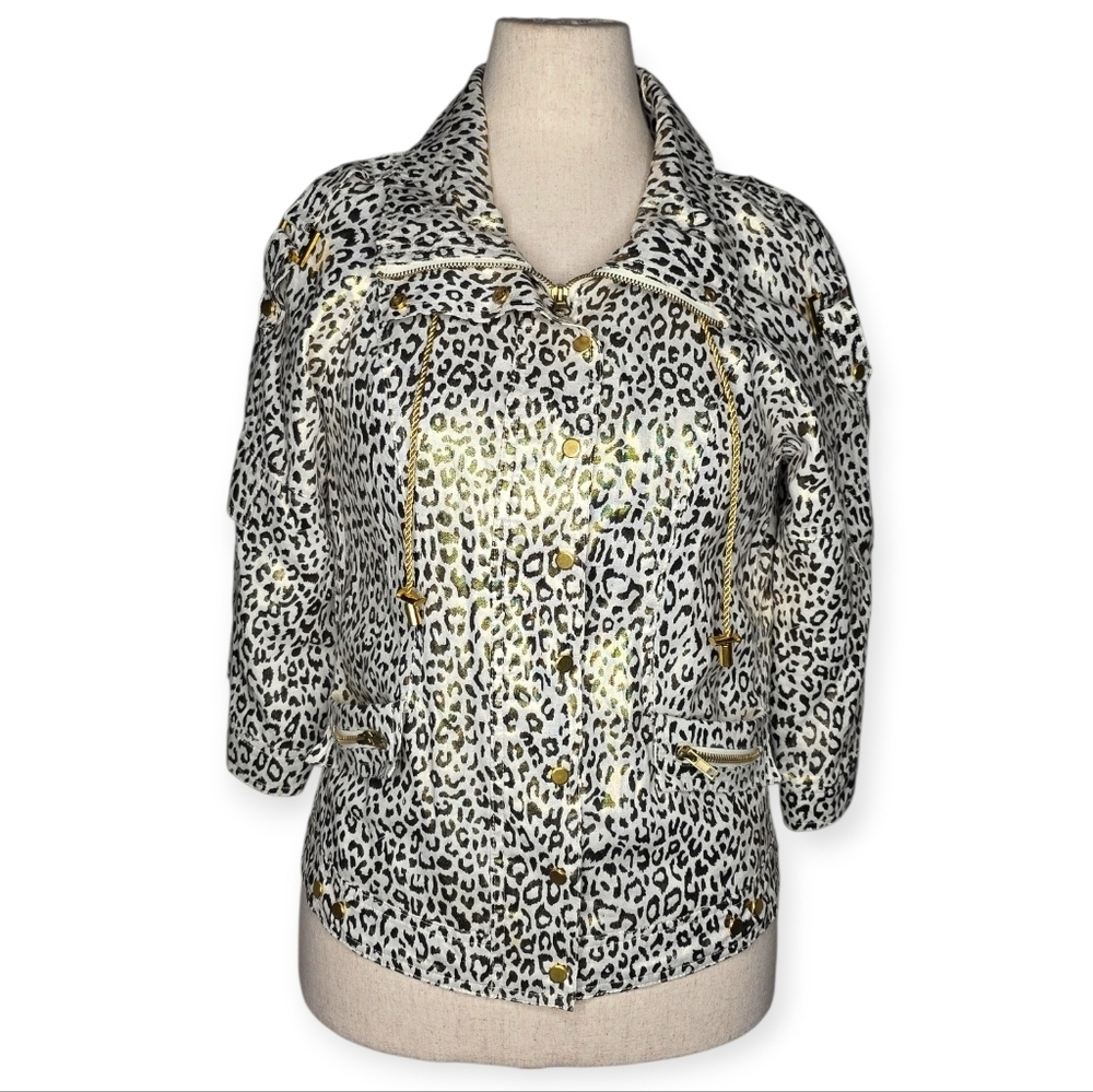 Vintage Just B Leopard Print Linen Jacket Gold Trim M 90s Y2K